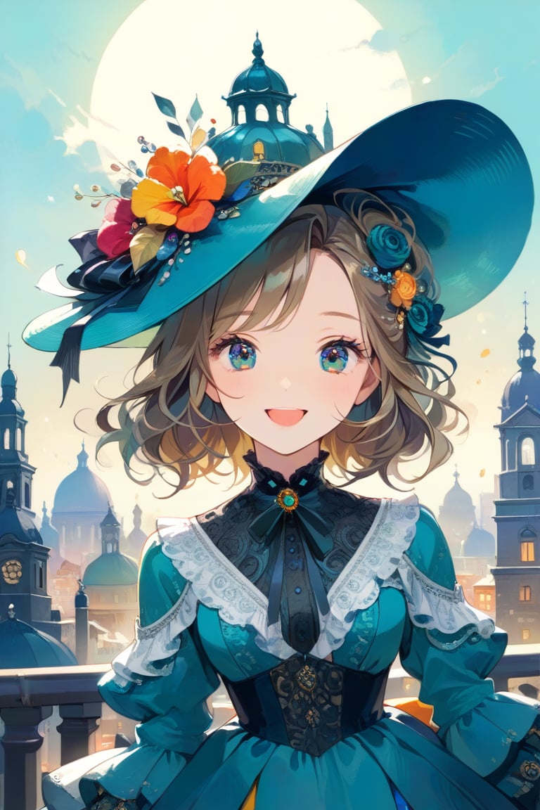 Very beautiful girl with a rococò teal dress, sumptuous hat, masterpiece, illustration, extremely detailed, beautiful detailed eyes, beautiful detailed mouth, warmly smile, (bright colors:1.4), city on background