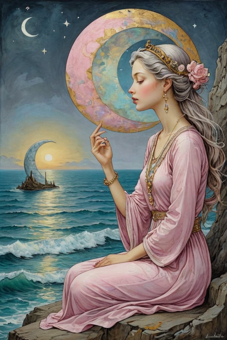 Art Nouveau style, Pale pink and white dressed girl conversing with the face of the crescent moon and meditating over the sea. Golden line, liquid silver, liquid rainbow, art on a cracked paper, ink paint. Whimsical art, pop surrealism, inspired by Gabriel Pacheco and Michael Cheval. Masterpiece, bizarre, hyper detailed, diaphanous, DonM0ccul7Ru57XL, on parchment,art_booster