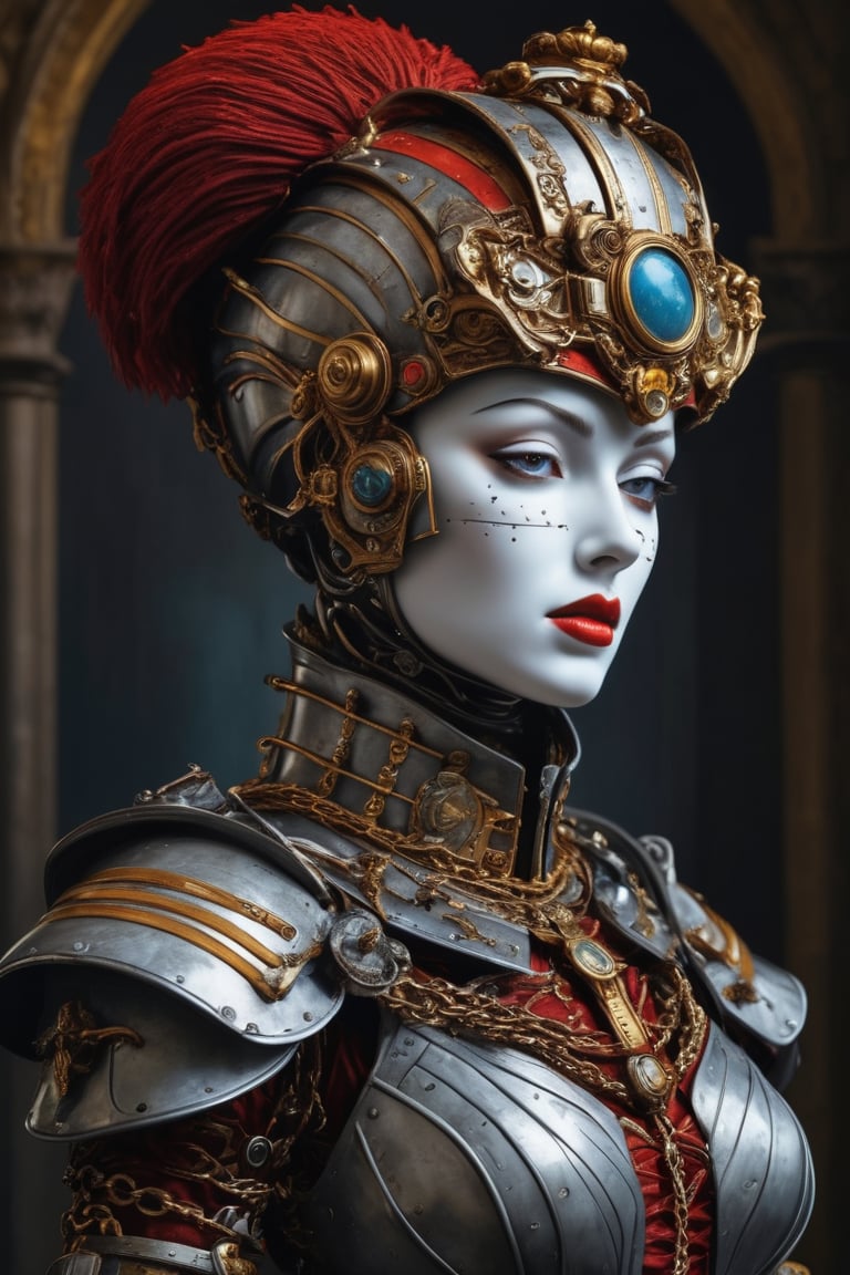 3D artwork, upper body of a caracter represesenting a mighty harlequin female robot with a surreal white mask, (surrealistic big stylized plastic hat in the style of Michael Cheval), mantle, bolts and iron chains. (Majestic pose:1.4), (hieratic expression:1.6), emerging from the darkness in the style of Caravaggio. Red, yellow, (teal:0.7), forming perfect ornamental stripes patterns on a (rusted:0.9) armor. Matte surfaces. Side light, UHD, high resolution, 8k, black gothic cathedral interior background, warm golden light 