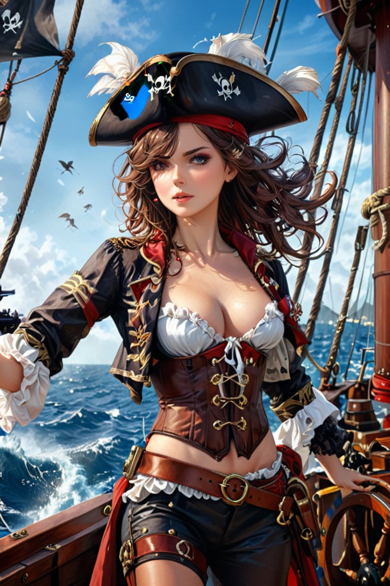 Very beautiful anime girl with a pirate captain jacket, leather corset, trousers and pirate hat, intricately detailed accessories. She is on the deck of her ship and cheers her crew on to fight. Masterpiece, realistic illustration, extremely detailed, intricately sharp details, (ships battle) on background 