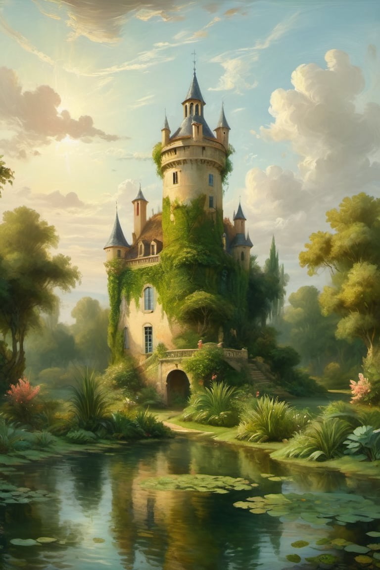 A fantastic greenery ancient garden with a pond in the center and a small French castle style tower in the center of the pond. A masterpiece painted by Claude Lorrain and Jean-Honoré Fragonard, highly detailed leaves, (surreal:1.4) atmosphere, golde hour, romantic landscape, island, digital painting