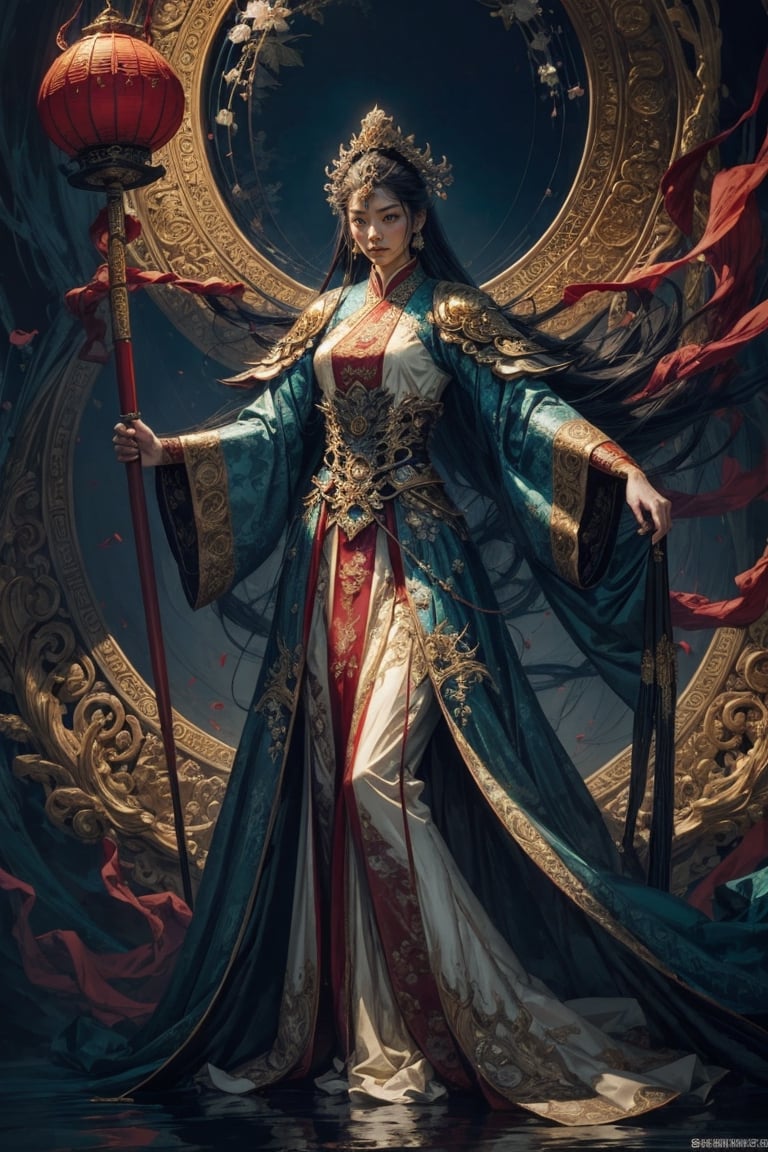 Full body shot of a character standing in majestic pose, realistic representation of a fantasy chinese empress, with the most sumptuous wedding hanfu dress made of white silk and richly embroidered with gold and silver threads, intricately carved golden badges and tassels. Underwater background, magic circles. Art by Yoshitaka Amano, Huang Guangjian, Zhong Fenghua, stunning interpretive visual, gothic regal, colorful, realistic eyes, dreamy magical atmosphere, (film grain), (warm hue, warm tone), cinematic light, side lightings,zhongfenghua,gu,weapon