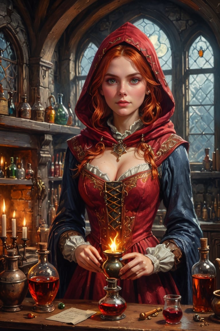 Photorealistic, Award Winning, Ultra Realistic, 8k, of a 20 years old good sweet witch preparing potions in her study. She has red copper hair and wears a medieval high-necked red dress with (hood:1.4) and tippet, richly silver embroidered. Medieval atmosphere. On background we see one stained glasses window moon lighting an old castle room, (some bright colored potion ampoules) on the shelves and a big (fireplace:1.4) lighting the room with a dark golden light. Masterpiece, ultra highly detailed, Dynamic Poses, Alluring, Amazing, Excellent, Detailed Face, Beautiful Symmetric Eyes, Heavenly, Very Refined, digital painting, art_booster