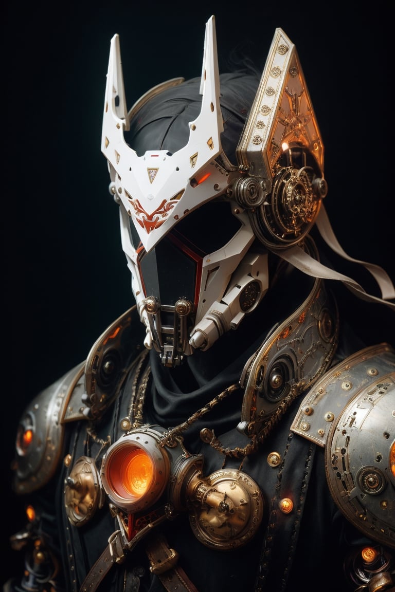 Three-quarter shot, steampunk surreal robot, venetian carnival white mask with bone surface, high surreal helmet, leather clothes, vivid colors, red, white, majestic pose, cinematic, dark shot, film grain, blur, spooky, black background, 3d style, masterpiece,DonM0ccul7Ru57,Robot