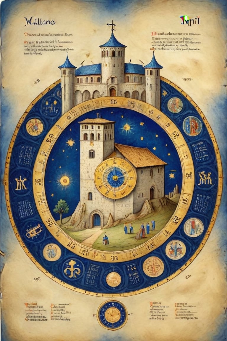 (Full-page illustration with a blue background of an ancient illuminated codex:1.3), round arrangement, ink drawing with golden leaf and liquid gold insertions on parchment, art on a cracked paper of a wonderful (medieval castle in Italy:1.4),  14th century,  (golden ratio:1.3),  (medieval architecture:1.3), (mullioned windows:1.3), (brick wall:1.1),  (towers with merlons:1.2),  (set on top of a hill overlooking a valley:1.2),  beautiful blue sky (aerial view:1.2), (round zodiac calendar:1.2), vignette,  highest quality. Masterpiece of a museum of art, in the style of Limbourg brothers,  award winning,  detailed and intricate,  masterpiece,  itacstl, real_booster, itacstl, on parchment, art_booster,