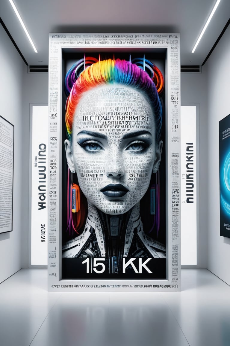 Front view of a futuristic trendwhore style museal artwork with the text "15K", displayed on the white wall inside a futuristic museum. Bright colors, surrealist, close shot. ,dvr-txt