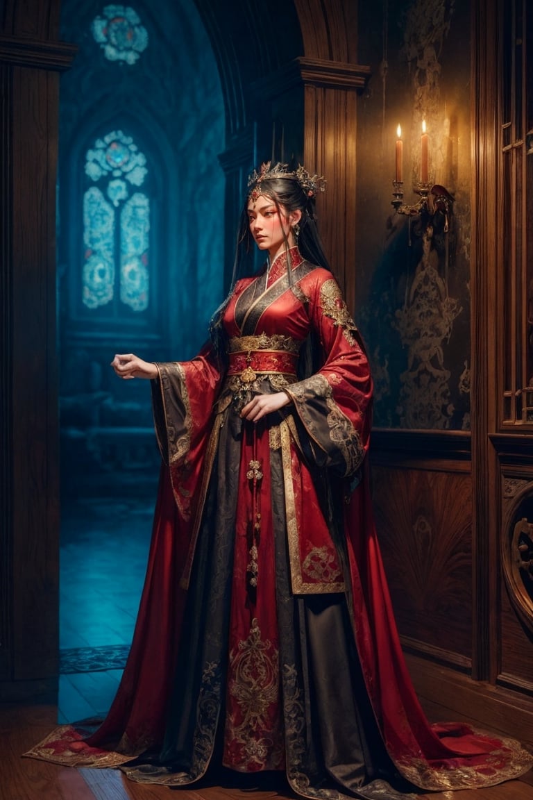 Dark Gothic Light, bokeh, full body shot of a character standing in majestic pose, realistic representation of a fantasy chinese empress with the most sumptuous wedding hanfu dress made of red silk and richly embroidered with gold and silver threads, intricately carved golden badges and tassels. Art by Yoshitaka Amano, Huang Guangjian, Zhong Fenghua, stunning interpretive visual, gothic regal, colorful, realistic eyes, dreamy magical atmosphere, (film grain), (warm hue, warm tone), cinematic light, side lightings,weapon