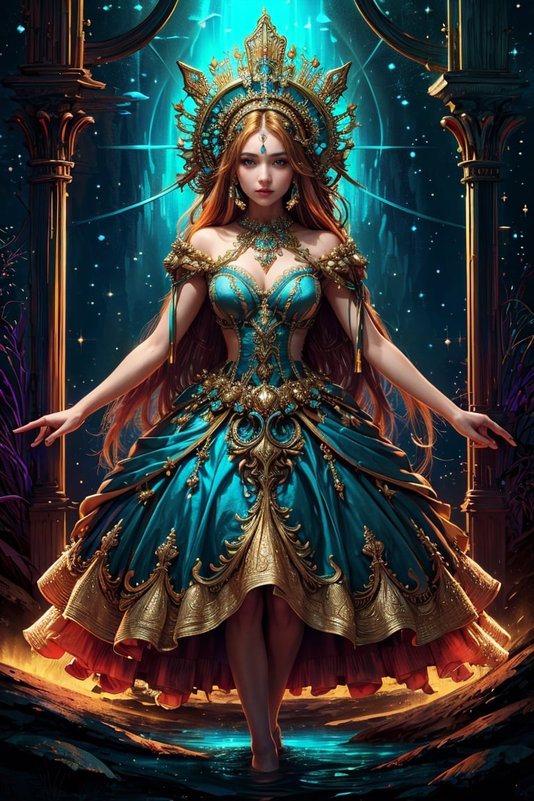 ultra high resolution, surreal, official art, divine nature, elegant and royal, bleu dress, orange, yellow, girl, complex detailed, medium shot, Holiness, Chaos, charming, majestic, beautiful Psychedelia, Madness, Highly detailed, intricate, midjourney, xyzabcplanets, scenery, Color magic,Realism