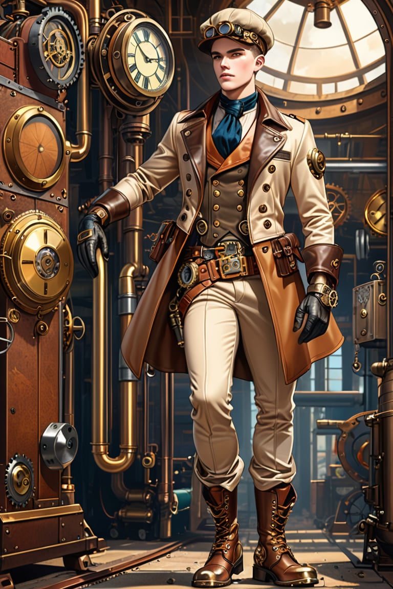 Industrial steampunk mechanic boy, perfectly detailed face, (cap:0.8), steampunk beige leather double-breasted jacket, beige tweed fabric puffed trousers, (leather laced boots:0.8), intricately detailed brass accessories. Masterpiece, illustration, extremely detailed, cinematic pose, industrial background