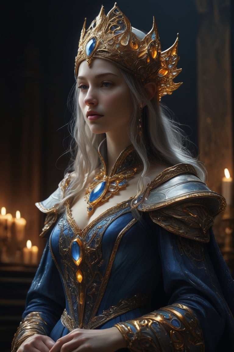 3D artwork, upper body shot represesenting a mighty female young caracter. High elven hat shaped as a white seashell, mantle, shining amber gold jewels. (Majestic pose:1.4), (hieratic expression:1.6), emerging from the darkness in the style of Rembrandt. The caracter wears a blue large luxury dress. The character is illuminated from the side by a dark golden light. Marine vibes. Vibrant colors. The background is a black gothic cathedral interior dimly lit by moonlight. UHD, high resolution, 8k.