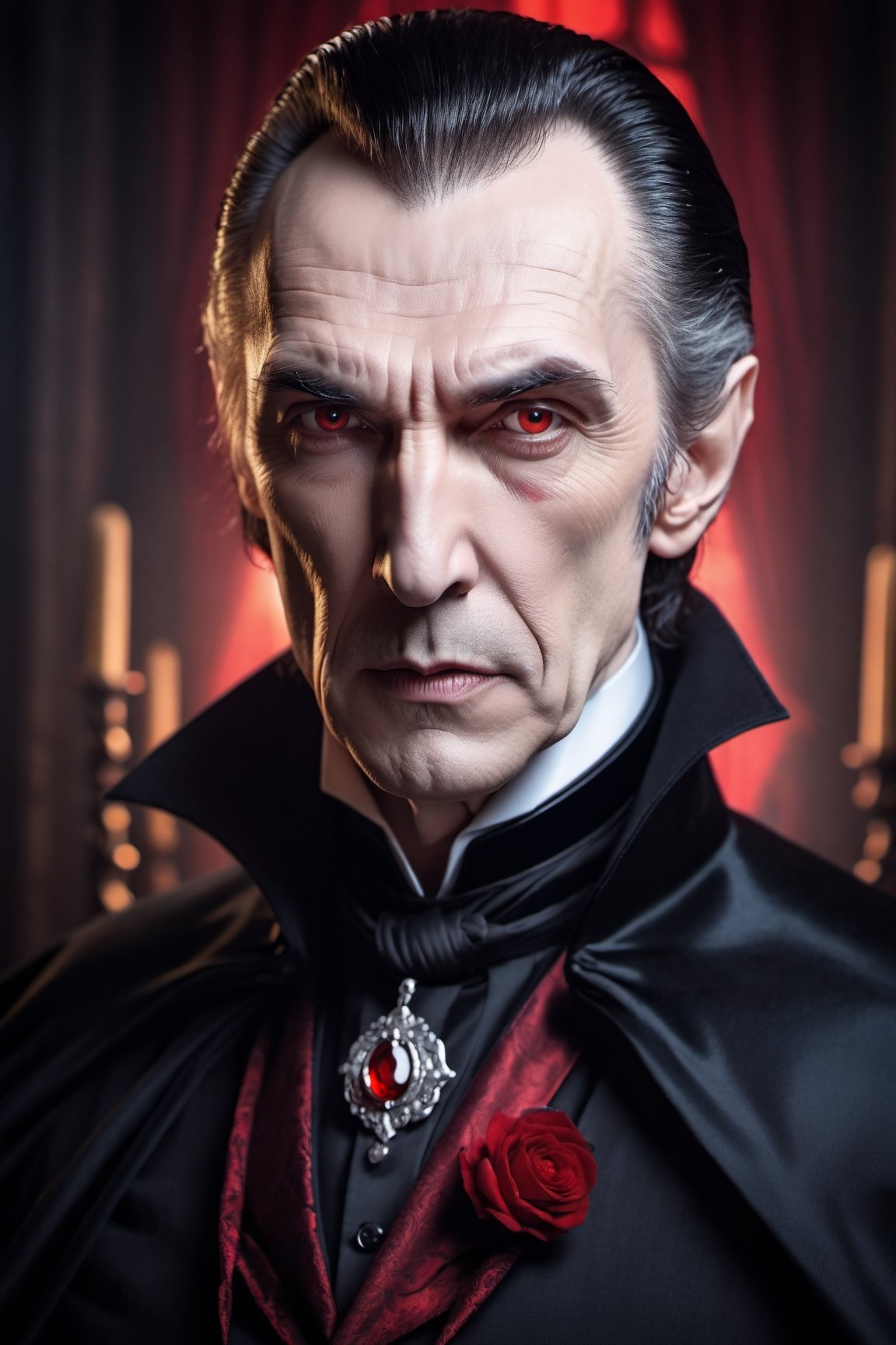 (((Count Dracula))), 60 year old man, intense and sinister look, silver finger rings, wearing black tuxedo and black cape, red ribbon with (silver dragon pendant:0.8) around neck, Victorian age background, warm light, by Greg Rutkowsky