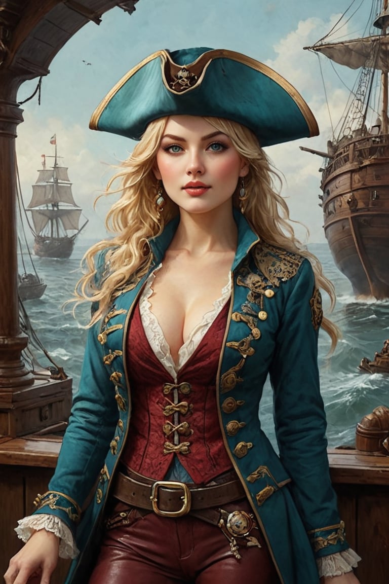 Oil painting of a very beautiful pirate captain  manga blonde girl, perfect detailed eyes, perfect detailed nose, perfect detailed lips. She wears a teal velvet long jacket with golden buttons, shirt adorned with lace, dark red leather trousers, Intricately detailed accessories and pirate hat. She is on the deck of her ship and cheers her crew on to fight during the battle. Dynamic pose. Masterpiece, vibrant colors, warm light, eerie detail perfection, absurdres detail, realistic illustration, extremely detailed, intricately sharp details, sharp focus, chaotic (ships battle scenario:1.3), ships on background 