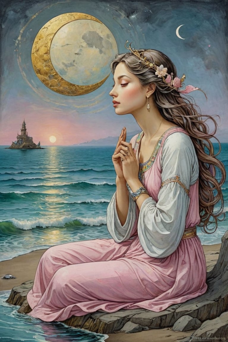 Art Nouveau style, Pale pink and white dressed girl conversing with the face of the crescent moon and meditating over the sea. Golden line, liquid silver, liquid rainbow, art on a cracked paper, ink paint. Whimsical art, pop surrealism, inspired by Gabriel Pacheco and Michael Cheval. Masterpiece, bizarre, hyper detailed, diaphanous, DonM0ccul7Ru57XL, on parchment,art_booster