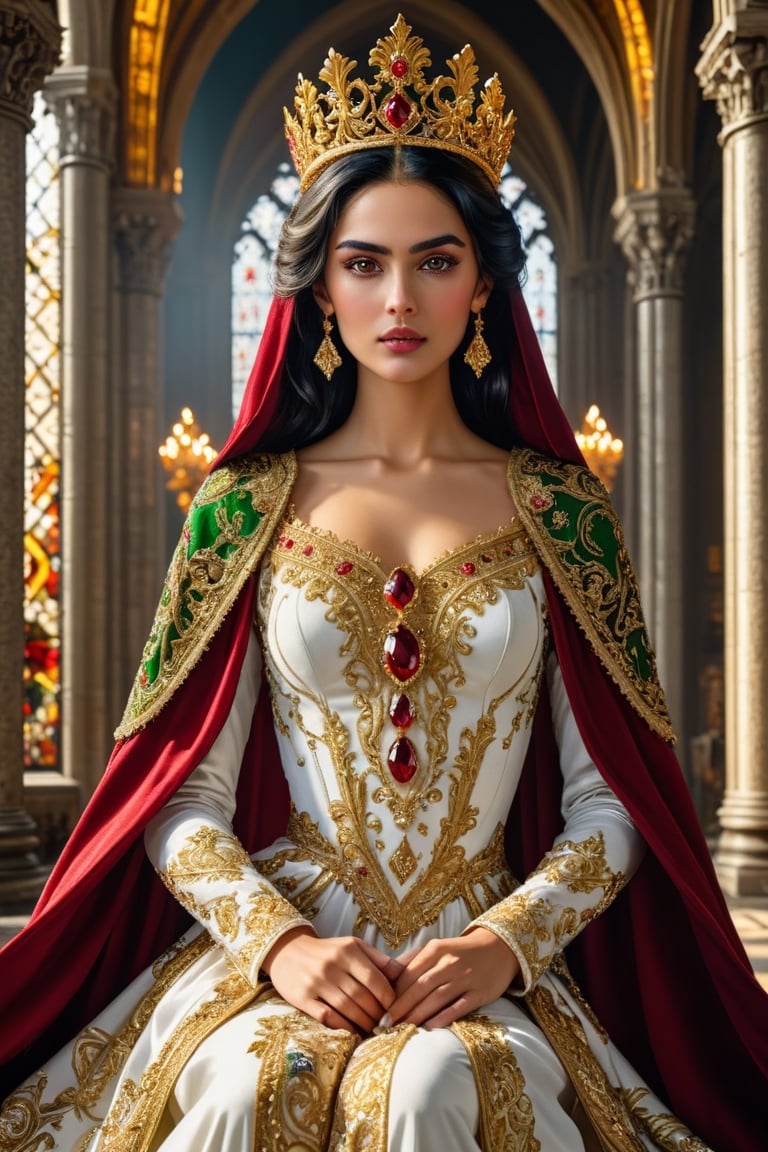 Detailed hyperrealistic full body shot of a female character named Sibyl represesenting a beautiful golden crowned princess. She is the most beautiful woman in the world and is (cinematically seated on an intricately carved high throne:1.6), inside a (gothic cathedral:1.6) with many (stained glasses:1.7). Sibyl has black hair, young looking smiling face, (shining black eyes:1.2), (symmetrical eyes:1.6), makeup, tender gaze. She wears white velvet dress, crystal and gold ornated, (rich baroque style jewels:1.8) adorned with (many rubies:1.6), green velvet (cape:1.4) lined with red silk, large  sleeves, wide skirt covering legs completely. (Masterpiece:1.8), golden line, intricate, elegant, highly detailed, (light particles:1.2), golden light, golden hour, sharp focus, 8k, canon eos 450D, crystalz,photo_b00ster