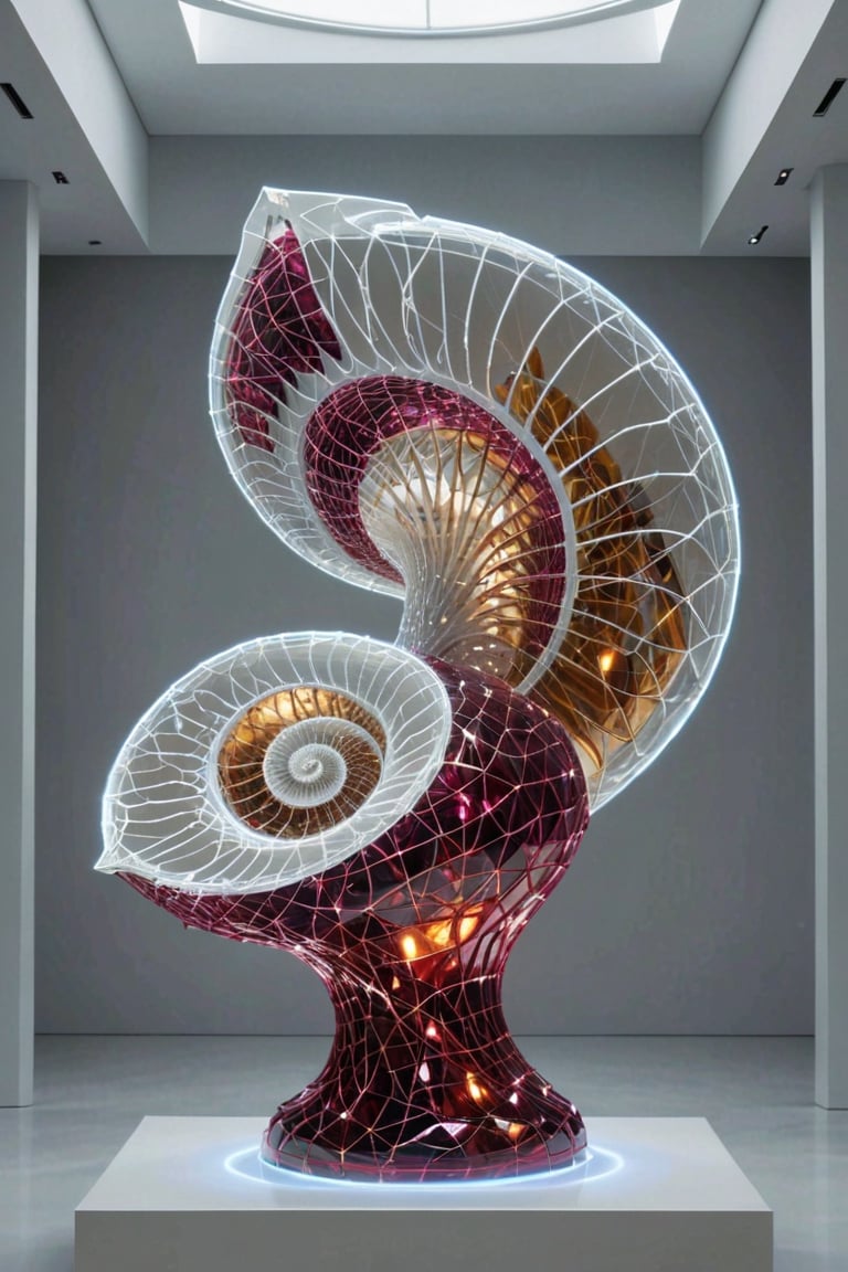 Front view of a museal sculpture displayed on a futuristic pedestal in the white room inside a futuristic museum. BREAK The artwork is an amazing and captivating glass abstract sculpture, with a sea nautilus shell, decorated with small rubies, (kinetic elements:1.4), glow, spark. Golden theme. Abstract fractal AI generated shape, sharp details, intricate and thick golden wireframes. Highest quality, detailed and intricate, original artwork, trendy, award-winning, artint, noc-wfhlgr, art_booster. BREAK wide shot, sharp focus, bright white room