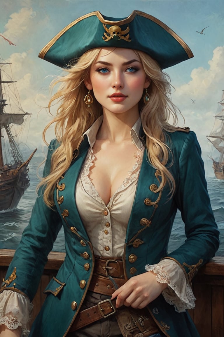 Oil painting of a very beautiful pirate captain  manga blonde girl, perfect detailed eyes, perfect detailed nose, perfect detailed lips. She wears a teal velvet long jacket with golden buttons, shirt adorned with lace, blue leather trousers, Intricately detailed accessories and pirate hat. She is on the deck of her ship and cheers her crew on to fight during the battle. Dynamic pose. Masterpiece, vibrant colors, warm light, eerie detail perfection, absurdres detail, realistic illustration, extremely detailed, intricately sharp details, sharp focus, chaotic (ships battle scenario:1.3), ships on background 