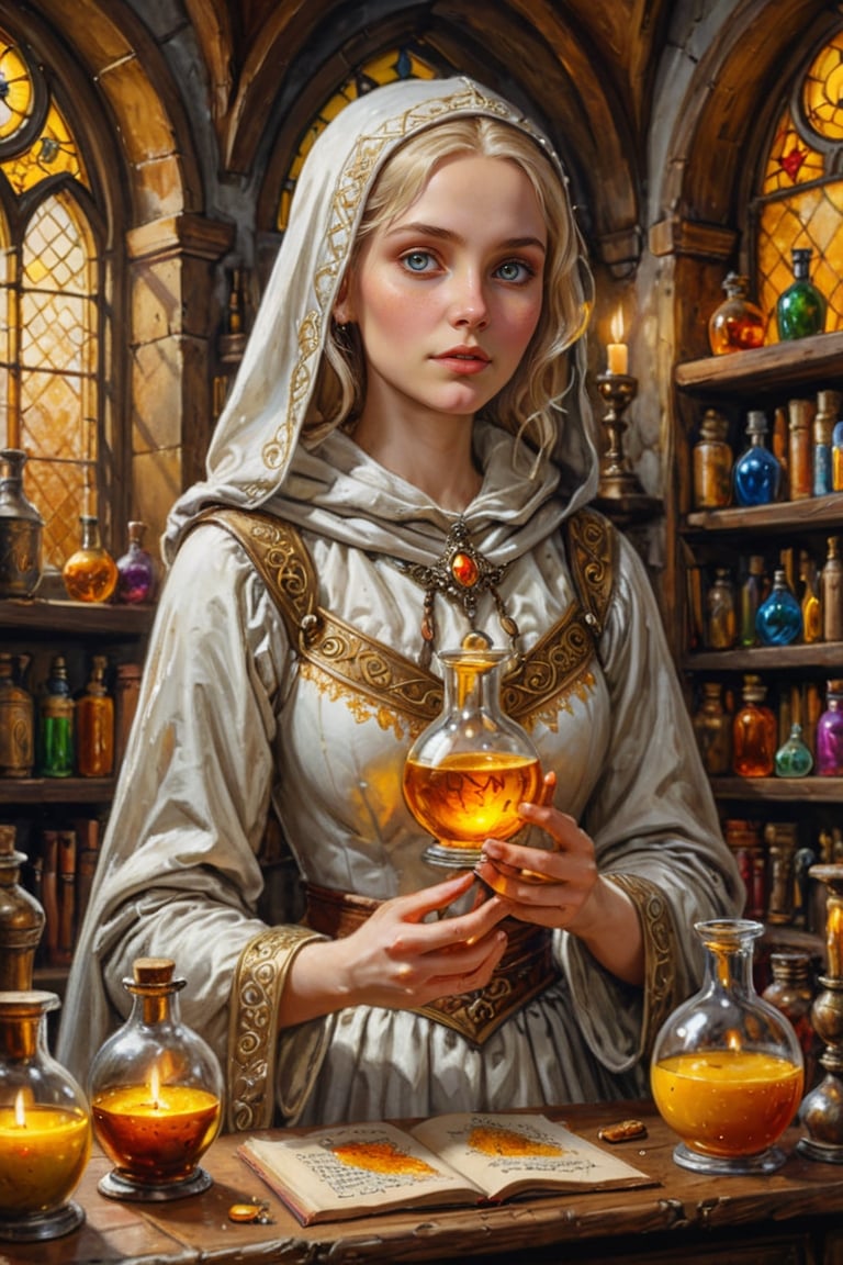 Photorealistic, Award Winning, Ultra Realistic, 8k, of a very light-skinned 25 years old good sweet girl preparing potions in her study. She is diaphanous, has blonde hair and wears a medieval white dress with hood and tippet, richly silver embroidered. Medieval atmosphere. On background we see one yellow and orange stained glasses window lighting an old castle room, many bright colored potion ampoules on the shelves. Masterpiece, maximalist, ultra highly detailed, Dynamic Poses, Alluring, Amazing, Excellent, Detailed Face, Beautiful Symmetric Eyes, Heavenly, Very Refined, pure silver light, digital painting, art_booster