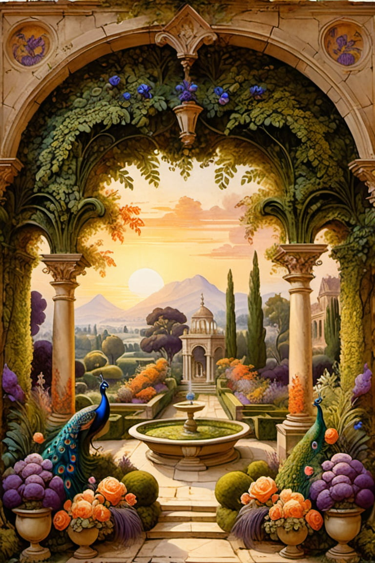 An ultra higly detailed ancient greenery garden with sumptuous masterpieces of topiary art. A masterpiece painted by Claude Lorrain, highly detailed leaves, purple flowers, red and orange roses and a (white peacock:1.4) at the center of the scene. Golden hour, romantic landscape, vivid colour contrasts,  Architectural100, on parchment