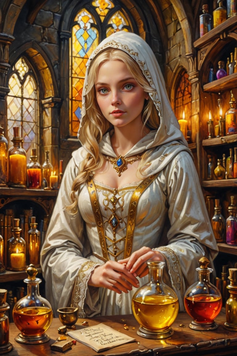 Photorealistic, Award Winning, Ultra Realistic, 8k, of a very light-skinned 25 years old good sweet girl preparing potions in her study. She is diaphanous, has blonde hair and wears a medieval white dress with hood and tippet, richly silver embroidered. Medieval atmosphere. Golden line, liquid gold. On background we see one yellow and orange stained glasses window lighting an old castle room, many bright colored potion ampoules on the shelves. Masterpiece, maximalist, ultra highly detailed, Dynamic Poses, Alluring, Amazing, Excellent, Detailed Face, Beautiful Symmetric Eyes, Heavenly, Very Refined, dark golden light, digital painting, art_booster