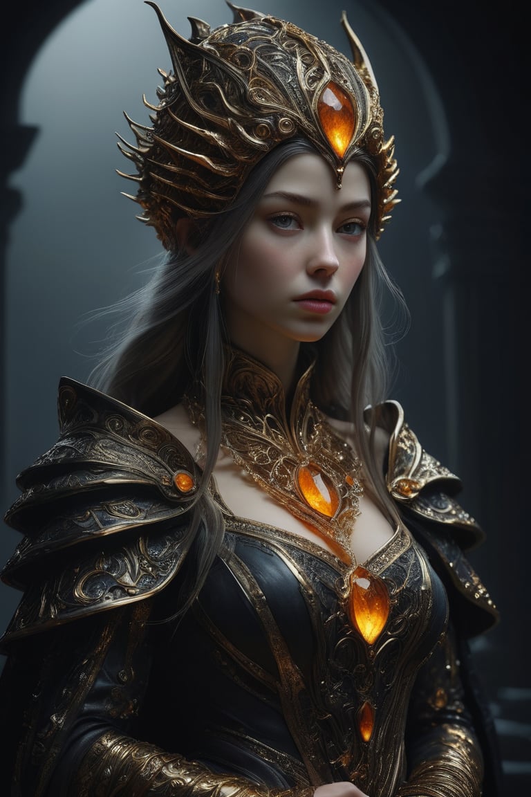 3D artwork, upper body shot represesenting a mighty female young caracter. High elven hat shaped as an orange seashell, mantle, shining gold jewels and silver chains. (Majestic pose:1.4), (hieratic expression:1.6), emerging from the darkness in the style of Rembrandt. The caracter wears a black and yellow large luxury dress. The character is illuminated from the side by a dark golden light. Marine vibes. Vibrant colors. The background is a black gothic cathedral interior dimly lit by moonlight. UHD, high resolution, 8k.