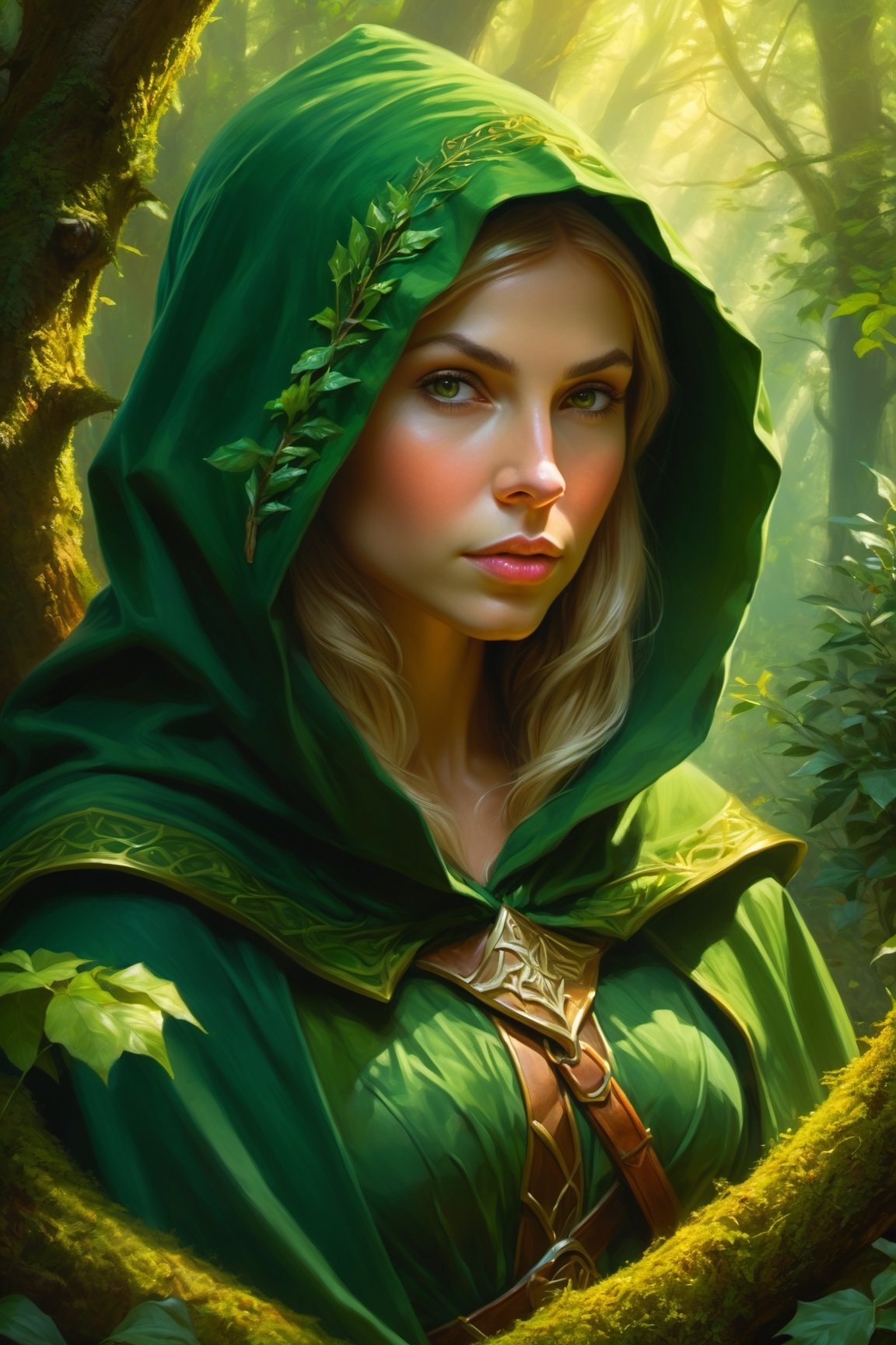 Fantasy elf girl hunting in the forest, she has a furtive attitude huddled behind a bush in a very dinamic pose, she wears a green hood and cloak, perfect cute face, fairy atmosphere, highly detailed, dramatic lighting. Digital painting, masterpiece, maximalist, approacing to perfection, style by Greg Rutkowski