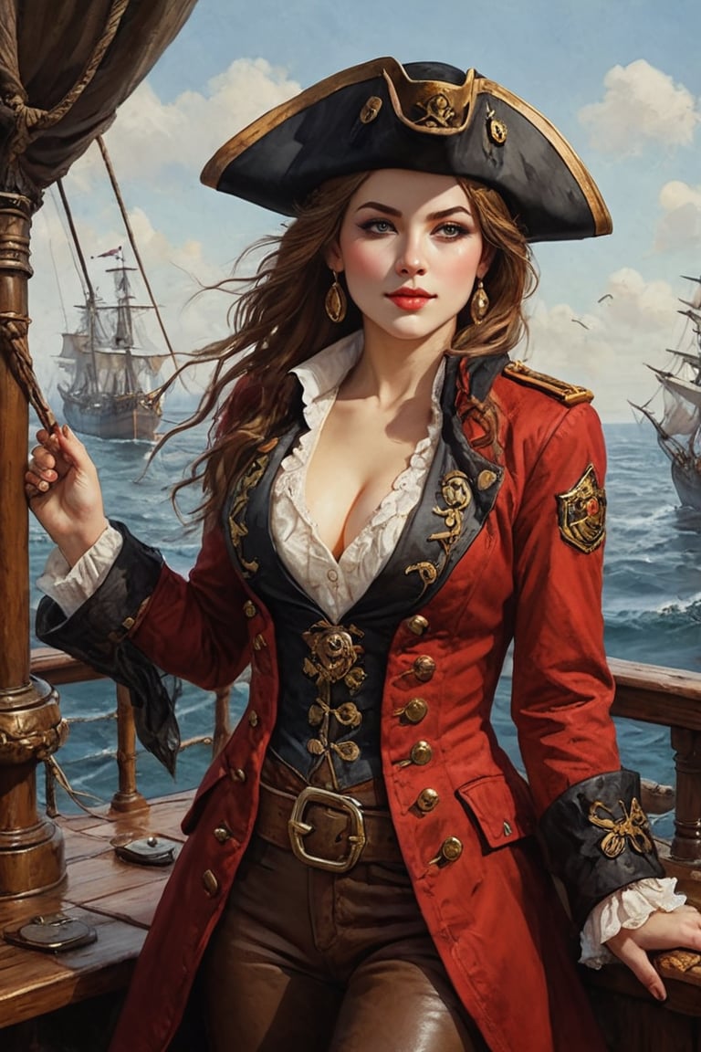 Oil painting of a very beautiful pirate captain  manga girl, perfect detailed eyes, perfect detailed nose, perfect detailed lips. She wears a red and black velvet long jacket with golden buttons, shirt adorned with lace, brown leather trousers, Intricately detailed accessories and pirate hat. She is on the deck of her ship and cheers her crew on to fight during the battle. Dynamic pose. Masterpiece, vibrant colors, warm light, eerie detail perfection, absurdres detail, realistic illustration, extremely detailed, intricately sharp details, sharp focus, chaotic (ships battle scenario:1.3), ships on background 