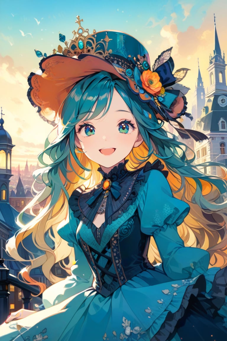 Very beautiful girl with a very ornated victorian bright teal dress, sumptuous hat, masterpiece, illustration, extremely detailed, beautiful detailed eyes, beautiful detailed mouth, warmly smile, (bright colors:1.4), city on background 