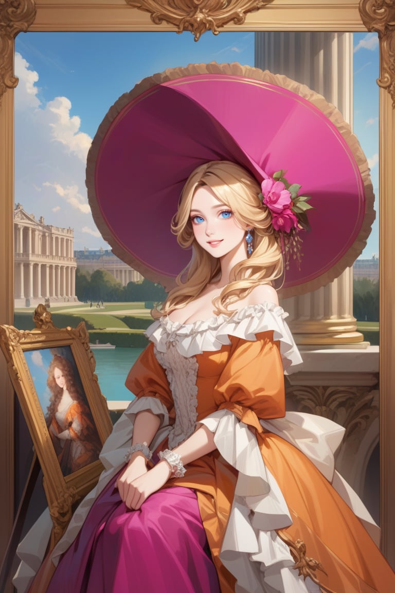 Very beautiful girl wearing a sumptuous fuchsia and orange dress, wide brimmed hat, illustration, detailed, beautiful detailed blue eyes, (beautiful detailed face:1.2), blonde hair, warmly smile, she is showing a painting of hers, Versailles background. Rococo oil paint