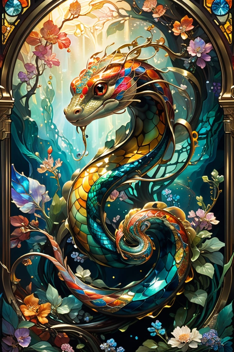 Chinese Lung snake, magical fantasy art is done in oil paint and liquid chrome, liquid rainbow, golden line, best quality,  fairytale, patchwork, (stained glass:1.2), storybook detailed illustration, cinematic, ultra highly detailed, tiny details, beautiful details, mystical, luminism, vibrant colors, complex background, resolution hyperdetailed intricate liminal eerie precisionism, intricate background, (dark luminescent:1.2) art by Alphonse Mucha,  Alan Lee, crystalz,shards,glass,crystalz