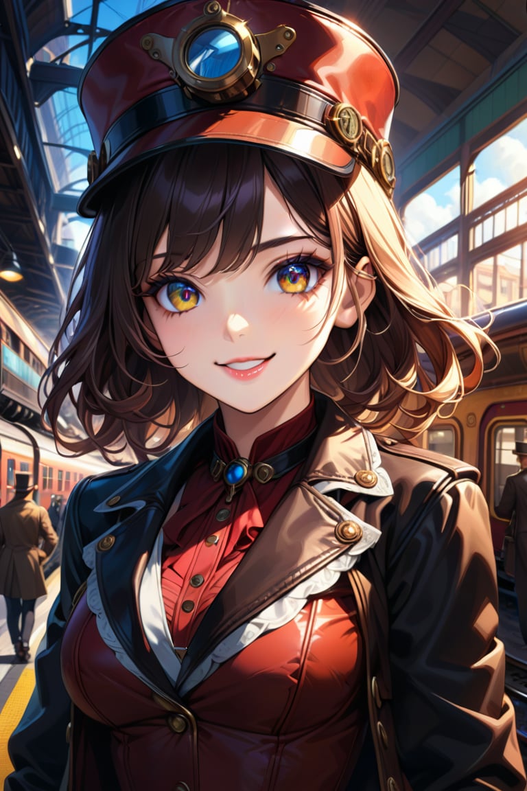 Very beautiful girl with a steampunk leather jacket, red waistcoat and hat, intricately detailed brass accessories. Masterpiece, illustration, extremely detailed, beautiful detailed eyes, beautiful detailed mouth, warmly smile, bright colors, railway station on background, complex_background 