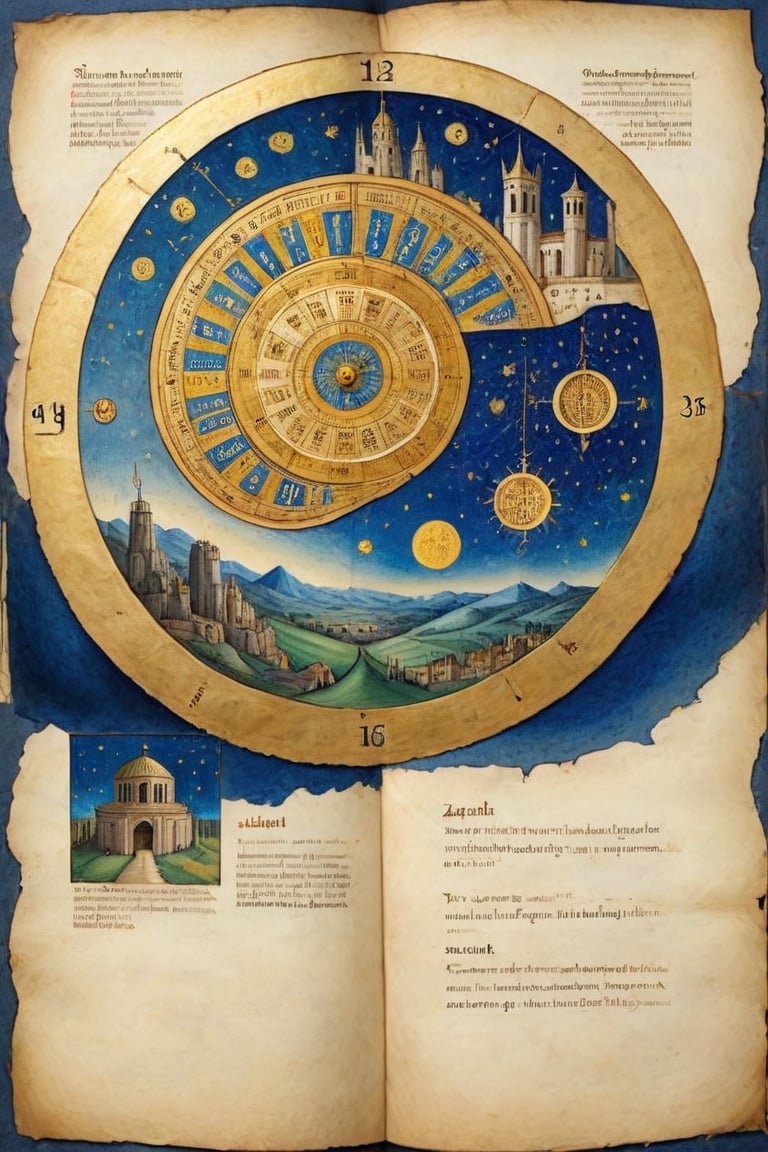 (Full-page illustration with a blue background of an ancient illuminated codex:1.3), round arrangement, ink drawing with golden leaf and liquid gold insertions on parchment, art on a cracked paper of a wonderful (medieval castle in Italy:1.4),  14th century,  (golden ratio:1.3),  (medieval architecture:1.3), (mullioned windows:1.3), (brick wall:1.1),  (towers with merlons:1.2),  (set on top of a hill overlooking a valley:1.2),  beautiful blue sky (aerial view:1.2), (round zodiac calendar:1.2), vignette,  highest quality. Masterpiece of a museum of art, in the style of Limbourg brothers,  award winning,  detailed and intricate,  masterpiece,  itacstl, real_booster, itacstl, on parchment, art_booster,