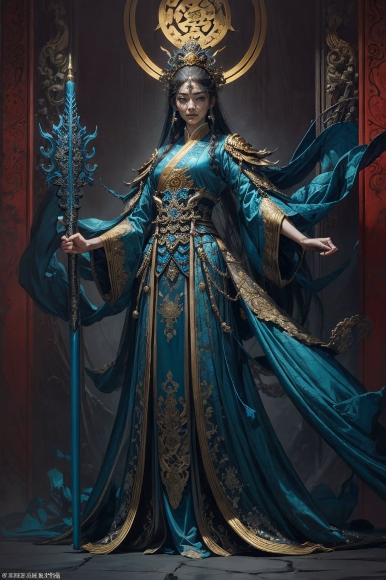 Full body shot of a character standing in majestic pose, realistic representation of a fantasy chinese empress, (perfect manga style face), with the most sumptuous wedding hanfu dress made of blue silk and richly embroidered with gold and silver threads, intricately carved golden badges and tassels. Art by Yoshitaka Amano, Huang Guangjian, Zhong Fenghua, stunning interpretive visual, gothic regal, colorful, realistic eyes, dreamy magical atmosphere, (film grain), (warm hue, warm tone), cinematic light, side lightings,zhongfenghua,gu,weapon