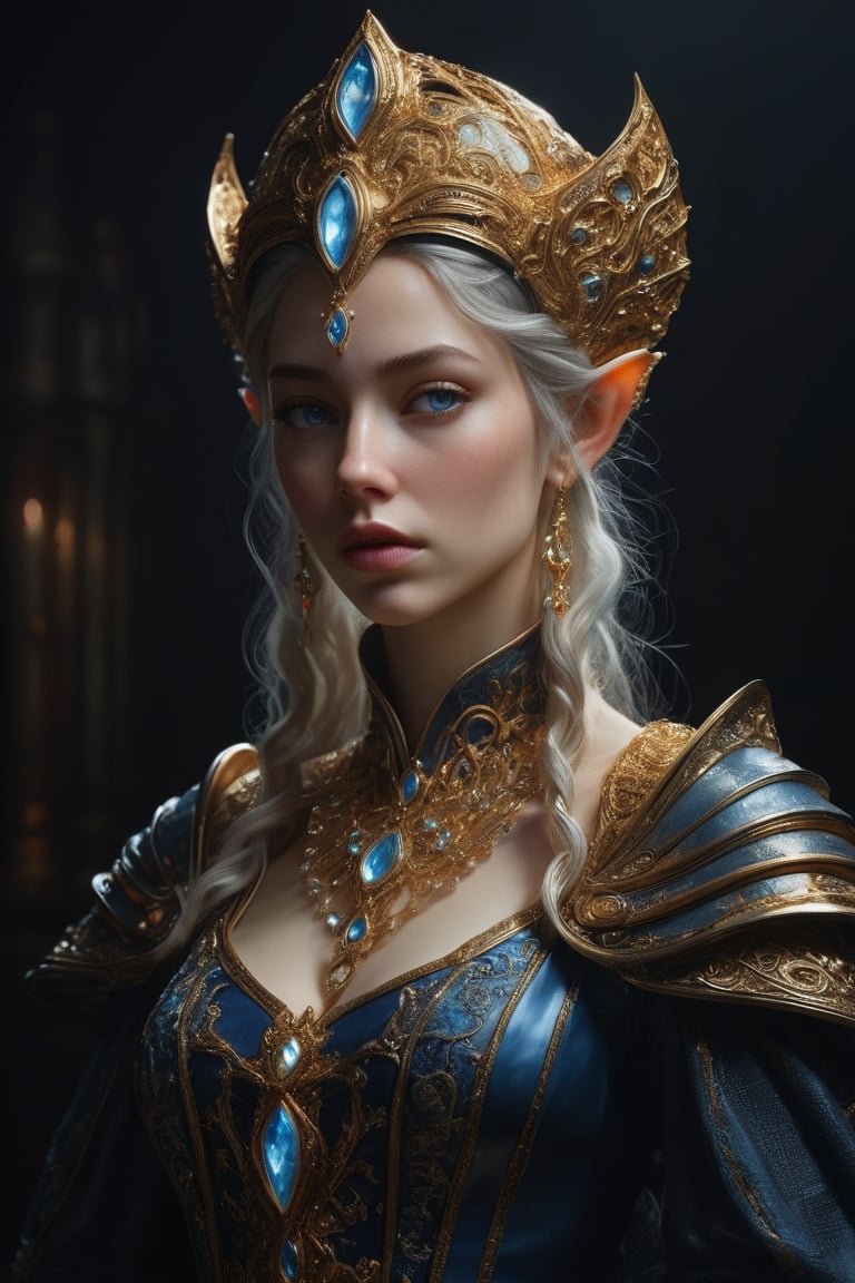 3D artwork, upper body shot represesenting a mighty female young caracter. High elven hat shaped as a white seashell, mantle, shining gold jewels and silver chains. (Majestic pose:1.4), (hieratic expression:1.6), emerging from the darkness in the style of Rembrandt. The caracter wears a blue large luxury dress. The character is illuminated from the side by a dark golden light. Marine vibes. Vibrant colors. The background is a black gothic cathedral interior dimly lit by moonlight. UHD, high resolution, 8k.