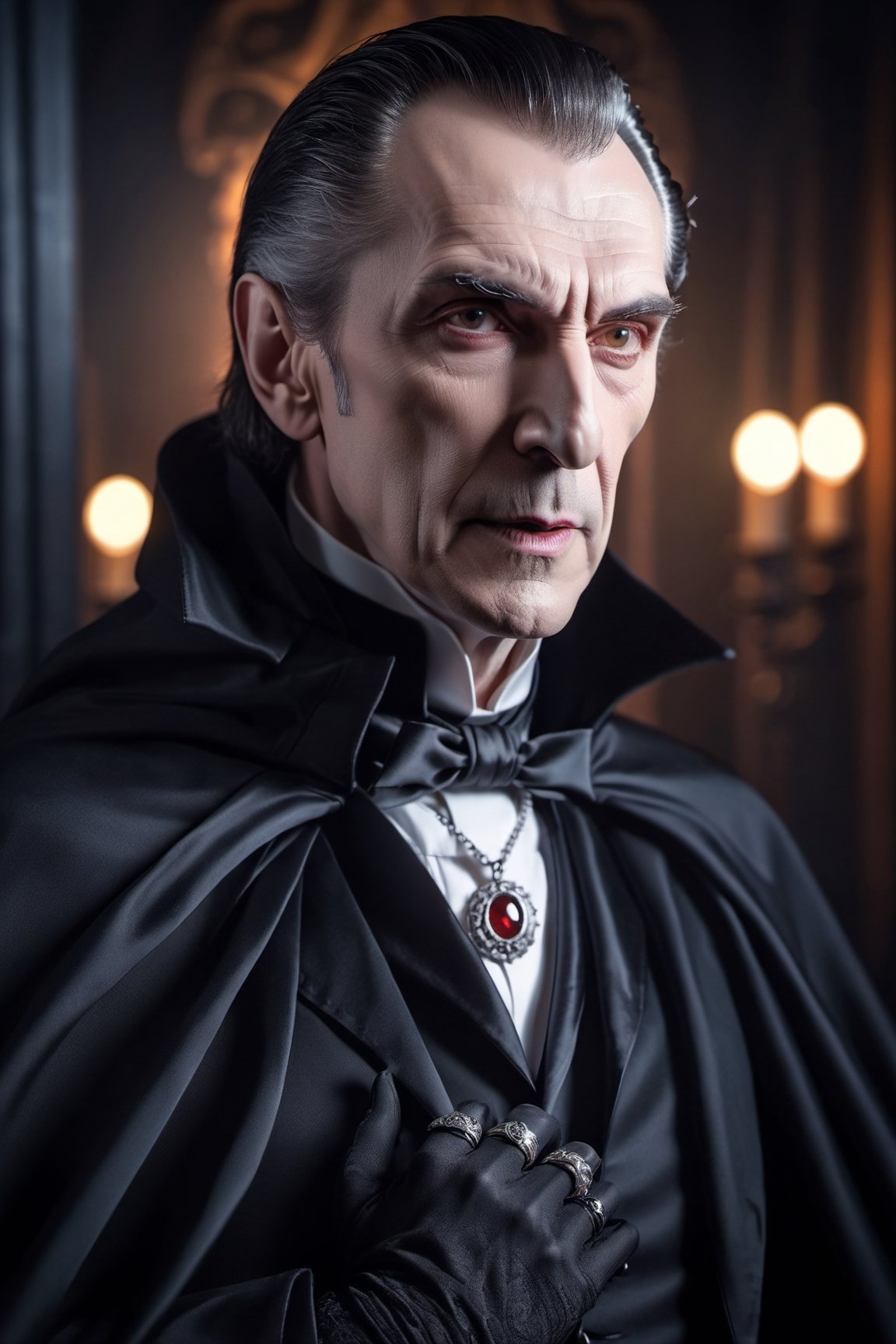 Count Dracula, 60 year old man, intense and sinister look, silver finger rings, wearing black tuxedo and black cape, ribbon with (silver dragon pendant:0.8) around neck, Victorian age background, warm light, by Greg Rutkowski 