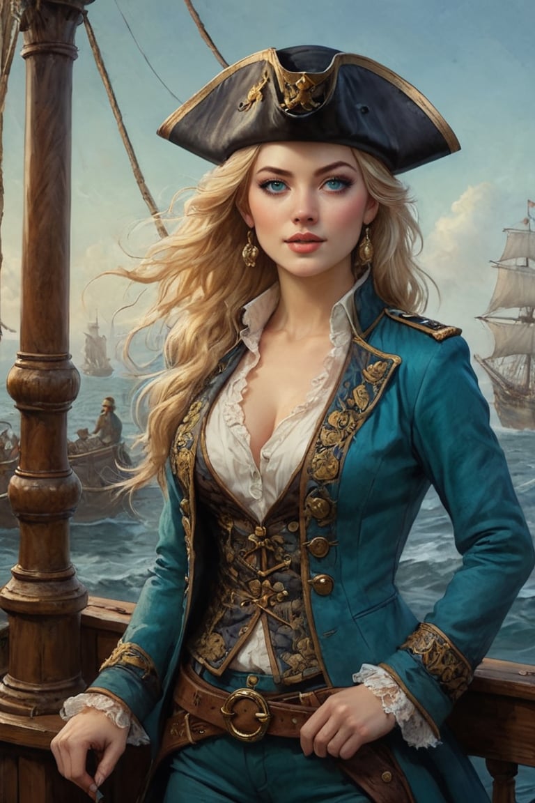 Oil painting of a very beautiful pirate captain  manga blonde girl, perfect detailed eyes, perfect detailed nose, perfect detailed lips. She wears a teal velvet long jacket with golden buttons, shirt adorned with lace, blue leather trousers, Intricately detailed accessories and pirate hat. She is on the deck of her ship and cheers her crew on to fight during the battle. Dynamic pose. Masterpiece, vibrant colors, warm light, eerie detail perfection, absurdres detail, realistic illustration, extremely detailed, intricately sharp details, sharp focus, chaotic (ships battle scenario:1.3), ships on background 