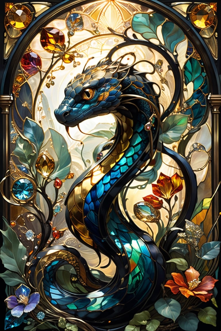 Black and gold snake, magical fantasy art is done in oil paint and liquid chrome, liquid rainbow, golden line, best quality,  fairytale, patchwork, (stained glass:1.2), storybook detailed illustration, cinematic, ultra highly detailed, tiny details, beautiful details, mystical, luminism, vibrant colors, complex background, resolution hyperdetailed intricate liminal eerie precisionism, intricate background, (dark luminescent:1.2) art by Alphonse Mucha,  Alan Lee, crystalz,shards,glass,crystalz