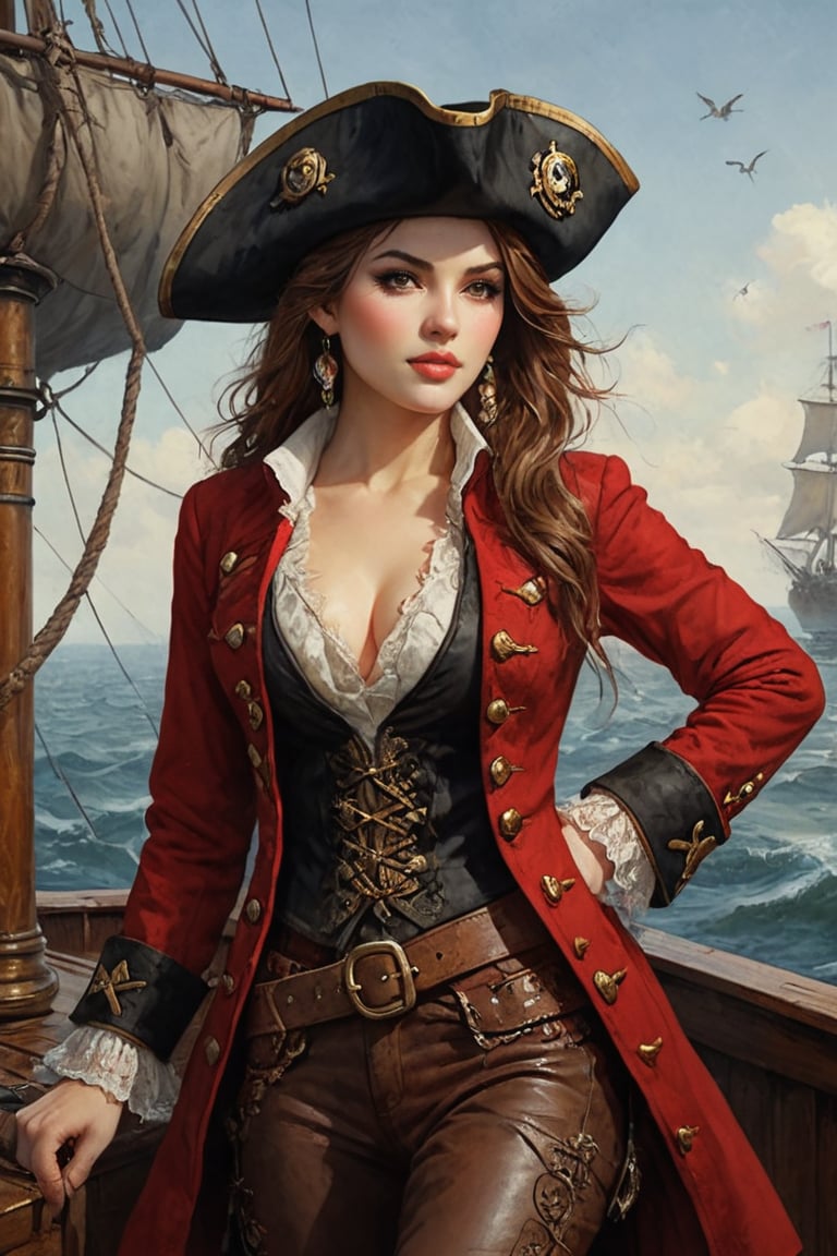 Oil painting of a very beautiful pirate captain  manga girl, perfect detailed eyes, perfect detailed nose, perfect detailed lips. She wears a red and black velvet long jacket with golden buttons, shirt adorned with lace, brown leather trousers, Intricately detailed accessories and pirate hat. She is on the deck of her ship and cheers her crew on to fight during the battle. Dynamic pose. Masterpiece, vibrant colors, eerie detail perfection, absurdres detail, realistic illustration, extremely detailed, intricately sharp details, sharp focus, chaotic (ships battle scenario:1.3), ships on background 