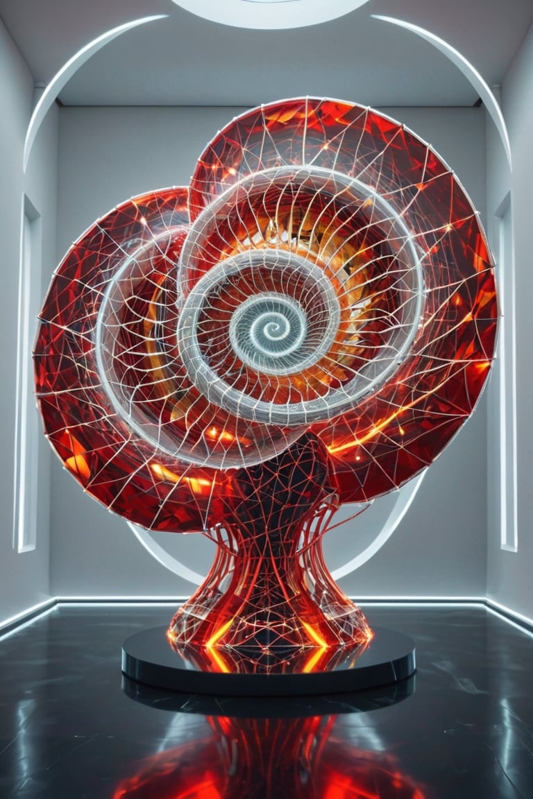 Front view of a museal sculpture displayed on a futuristic pedestal in the white room inside a futuristic museum. BREAK The artwork is an abstract fractal AI generated shape composed by an amazing and captivating glass abstract sculpture with a sea nautilus shell and (kinetic elements:1.4), glow, spark. (Red:0.4) and golden theme. Sharp details, intricate and thick golden wireframes. Highest quality, detailed and intricate, original artwork, trendy, award-winning, artint, noc-wfhlgr, art_booster. BREAK wide shot, sharp focus, bright white room