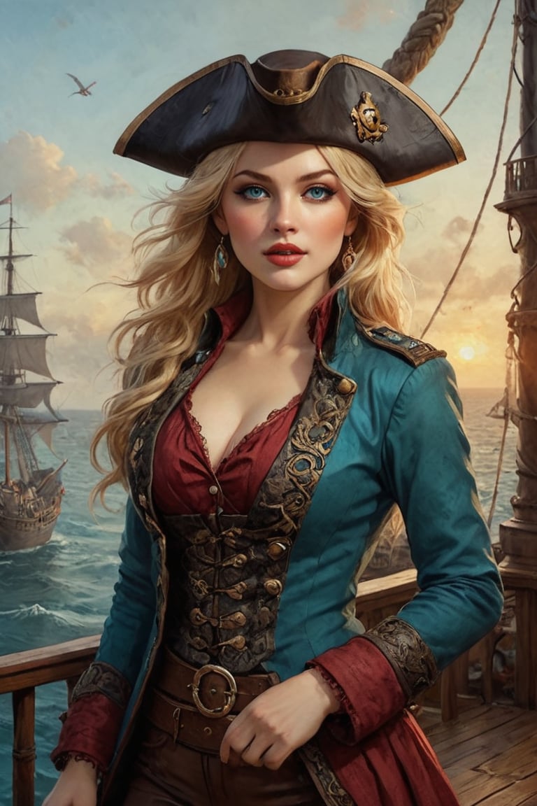 Oil painting of a very beautiful pirate captain  manga blonde girl, perfect detailed eyes, perfect detailed nose, perfect detailed lips. She wears a teal velvet long jacket with golden buttons, shirt adorned with lace, dark red leather trousers, Intricately detailed accessories and pirate hat. She is on the deck of her ship and cheers her crew on to fight during the battle. Dynamic pose. Masterpiece, vibrant colors, warm light, eerie detail perfection, absurdres detail, realistic illustration, extremely detailed, intricately sharp details, sharp focus, chaotic (ships battle scenario:1.3), ships on background 