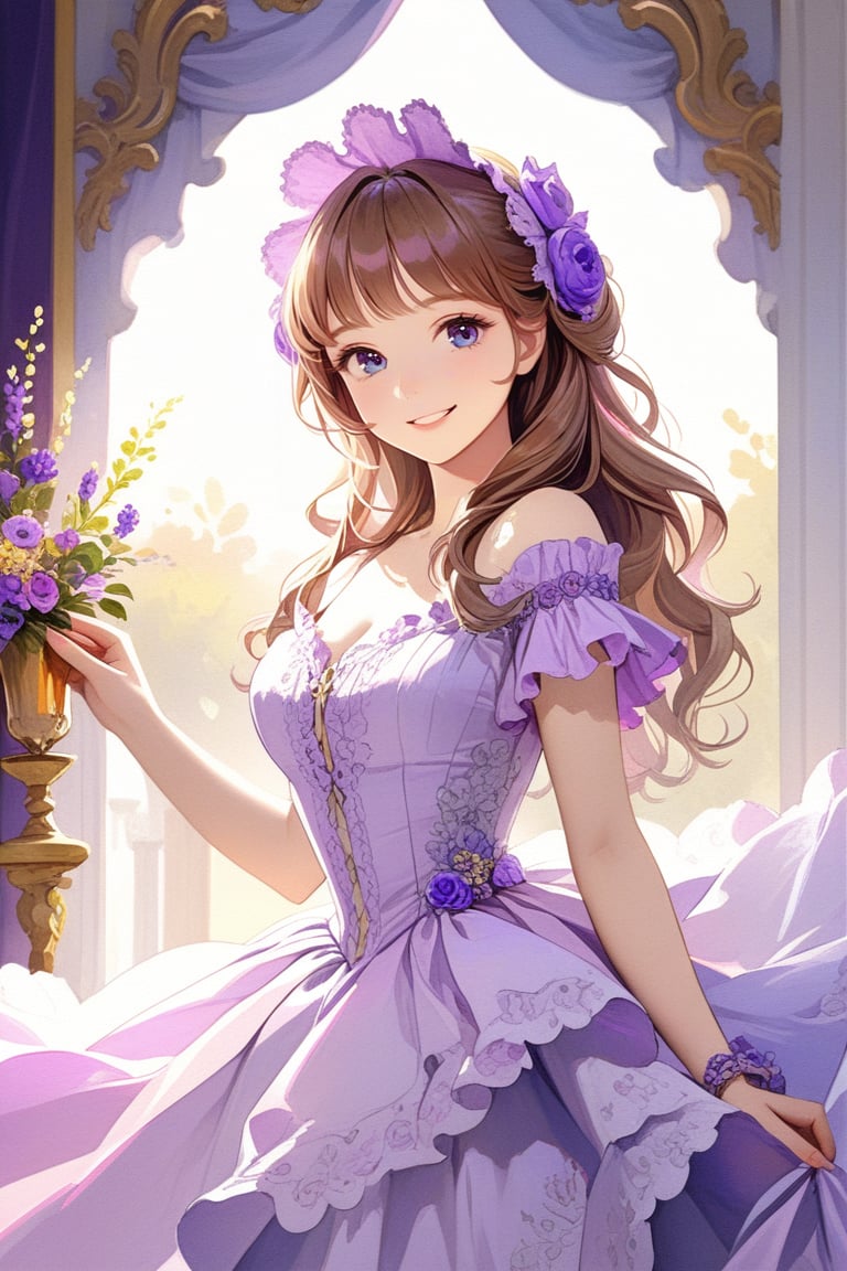 Very beautiful girl wearing a sumptuous light violet dress, illustration, detailed, realistic, UHD, beautiful detailed eyes, beautiful detailed, Warmly smile. Rococo oil paint