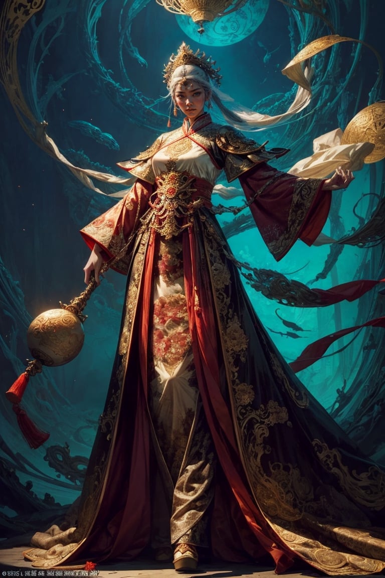 Full body shot of a character standing in majestic pose, realistic representation of a fantasy chinese empress, with the most sumptuous wedding hanfu dress made of white silk and richly embroidered with gold and silver threads, intricately carved golden badges and tassels. Underwater background, magic circles. Art by Yoshitaka Amano, Huang Guangjian, Zhong Fenghua, stunning interpretive visual, gothic regal, colorful, realistic eyes, dreamy magical atmosphere, (film grain), (warm hue, warm tone), cinematic light, side lightings,zhongfenghua,gu,weapon