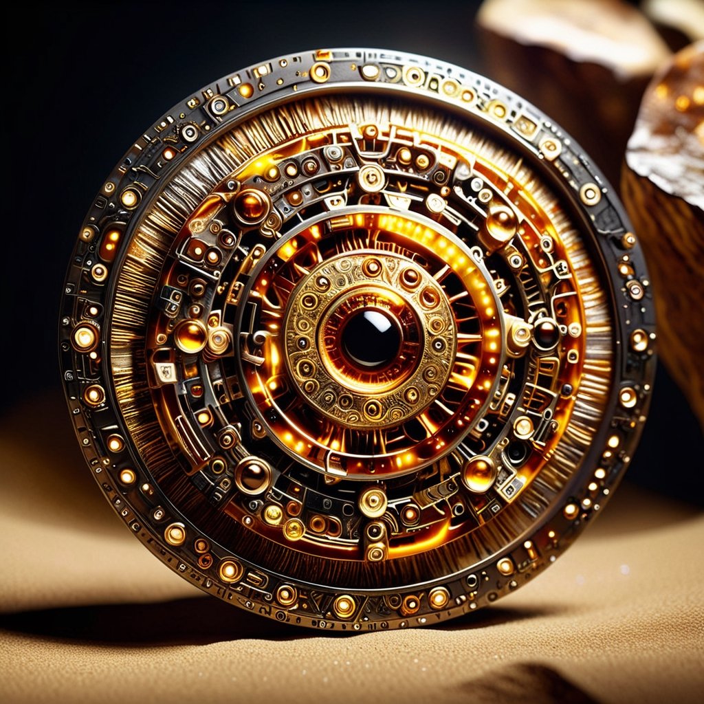 A full shot frontal view of a mysterious (semi-fossilized:1.4) tecnological object coming from a lost civilization of an ancient past. It is a disc with a fractal mechanical look, studded with electronic devices made of amber, filled with the most intricate and sophisticated mechanisms ever seen. At the center of the disc is an amber jewel resembling a stylized and minimalist human face similar to a Venetian mask. Extremely intricate details, obsessive detail precision. The disk exudes a mystical aura and is located in a mysterious large sandy cave in the desert. Centered in the scene, masterpiece ,DonM0ccul7Ru57XL