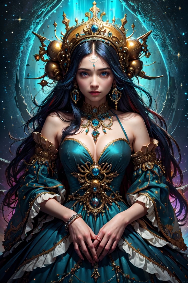 ultra high resolution, surreal, official art, divine nature, elegant and royal, bleu dress, orange, yellow, girl, complex detailed, medium shot, Holiness, Chaos, charming, majestic, beautiful Psychedelia, Madness, Highly detailed, intricate, midjourney, xyzabcplanets, scenery, Color magic,Realism