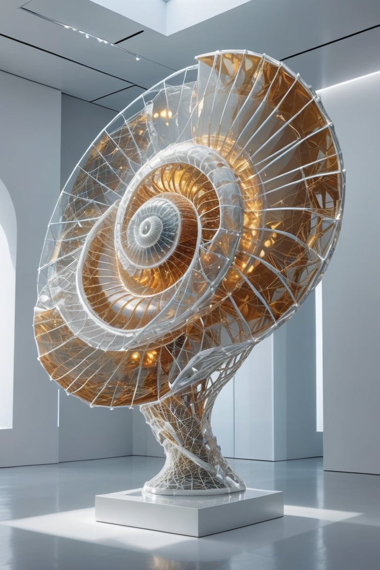 Front view of a museal sculpture displayed on a futuristic pedestal in the white room inside a futuristic museum. BREAK The artwork is (an amazing and captivating glass abstract sculpture:1.4), with an amazing sea nautilus shell, (kinetic elements:1.4), glow, spark. Golden theme. Abstract fractal AI generated shape, sharp details, intricate and thick golden wireframes. Highest quality, detailed and intricate, original artwork, trendy, award-winning, artint, noc-wfhlgr, art_booster. BREAK wide shot, sharp focus, bright white room