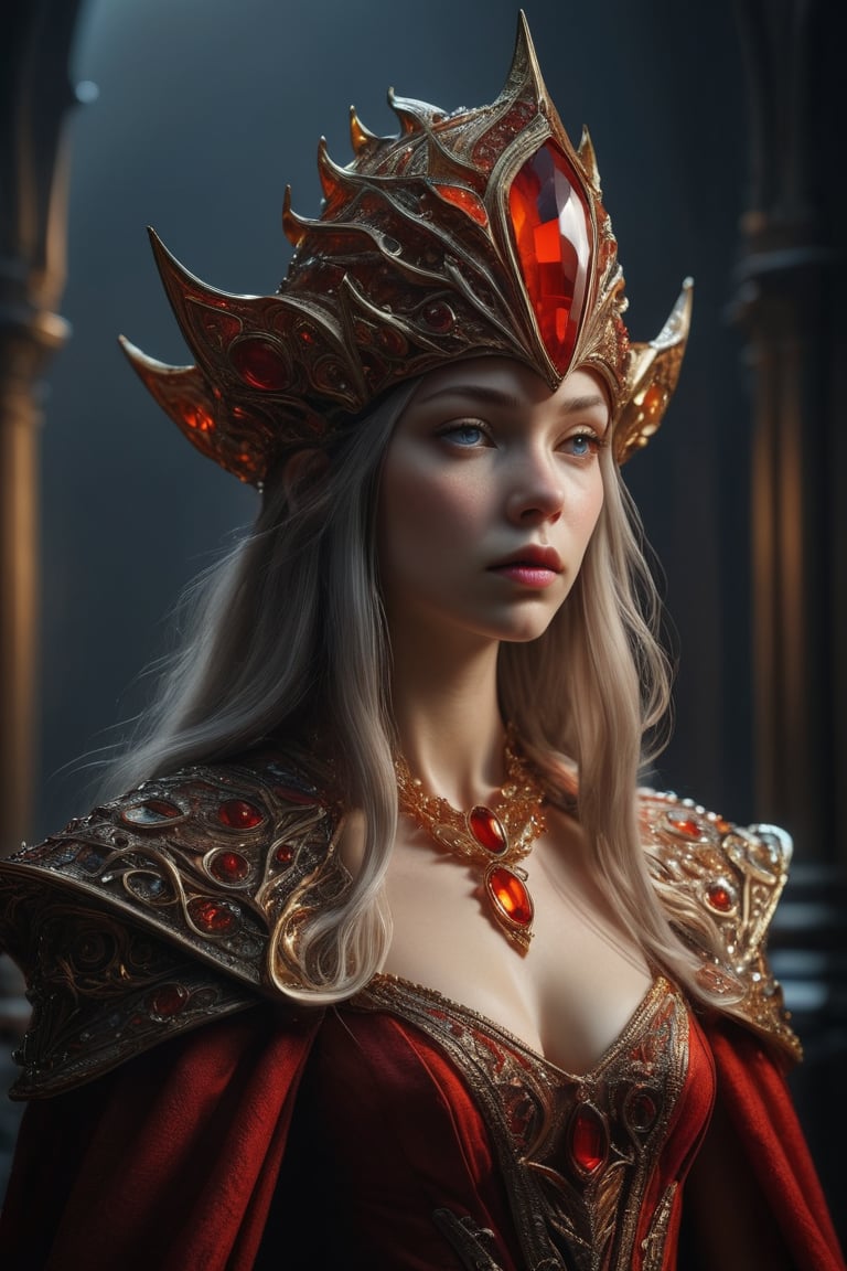 3D artwork, upper body shot represesenting a mighty female young caracter. High elven hat shaped as a red seashell, mantle, shining gold jewels and silver chains. (Majestic pose:1.4), (hieratic expression:1.6), emerging from the darkness in the style of Rembrandt. The caracter wears a white, (red and orange) large luxury dress. The character is illuminated from the side by a dark golden light. Marine vibes. Vibrant colors. The background is a black gothic cathedral interior dimly lit by moonlight. UHD, high resolution, 8k.