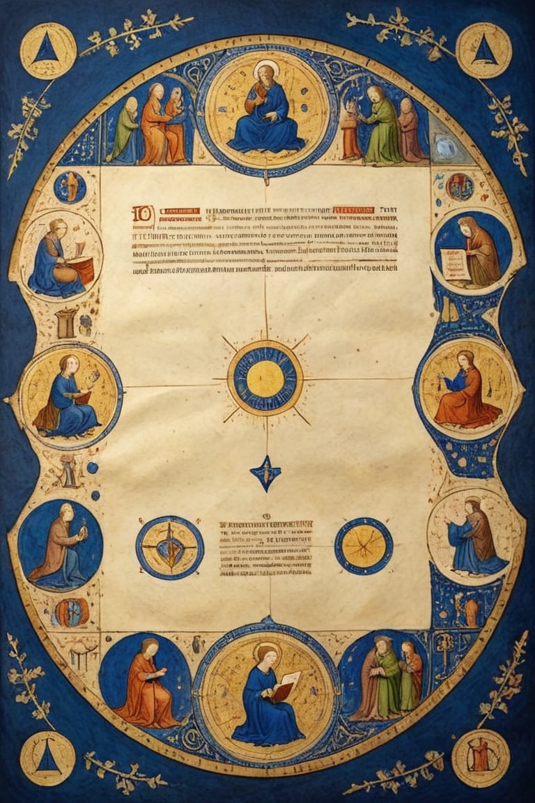 Round parchment page, (Full-page illustration with a blue background of an ancient illuminated codex:1.3), round arrangement, ink drawing with golden leaf and liquid gold insertions on parchment, art on a cracked paper of a wonderful (medieval castle in Italy:1.4),  14th century,  (golden ratio:1.3),  (medieval architecture:1.3), (mullioned windows:1.3), (brick wall:1.1),  (towers with merlons:1.2),  (set on top of a hill overlooking a valley:1.2),  beautiful blue sky (aerial view:1.2), (round zodiac:1.2), vignette,  highest quality. Masterpiece of a museum of art, in the style of Limbourg brothers,  award winning,  detailed and intricate,  masterpiece,  itacstl, real_booster, itacstl, on parchment, art_booster,