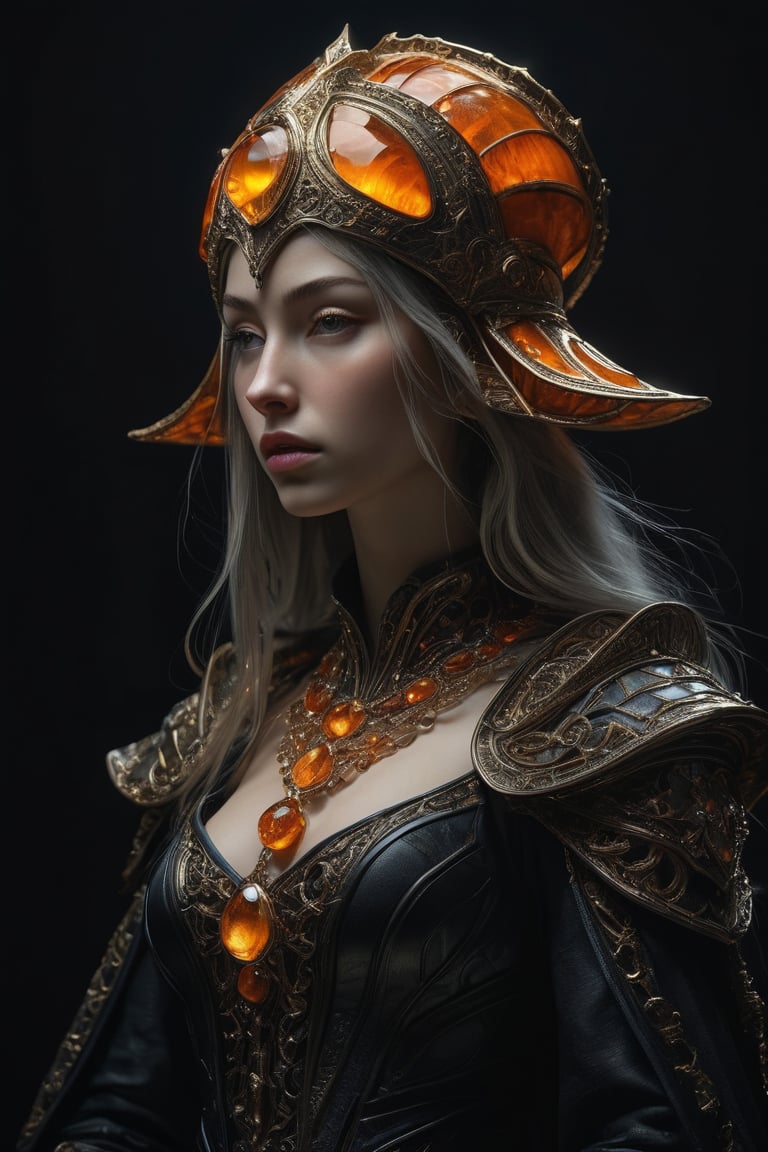 3D artwork, upper body shot represesenting a mighty female young caracter. High elven hat shaped as an orange seashell, mantle, shining gold jewels and silver chains. (Majestic pose:1.4), (hieratic expression:1.6), emerging from the darkness in the style of Rembrandt. The caracter wears a black and yellow large luxury dress. The character is illuminated from the side by a dark golden light. Marine vibes. Vibrant colors. The background is a black gothic cathedral interior dimly lit by moonlight. UHD, high resolution, 8k.