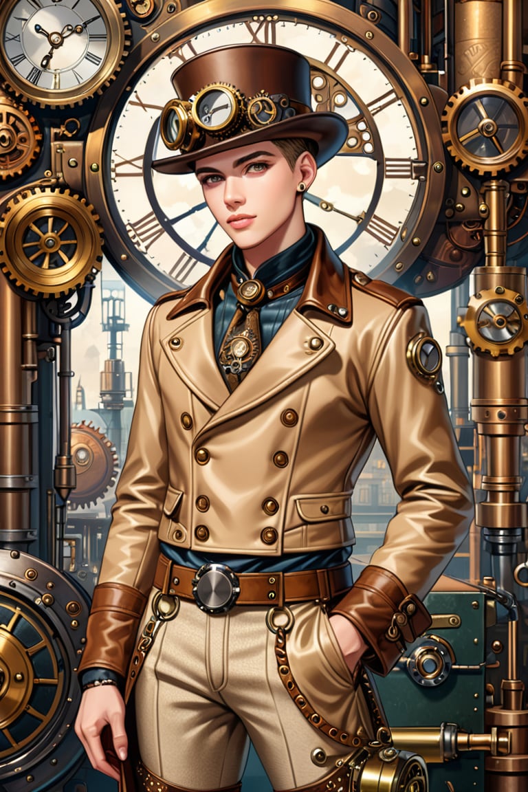 Industrial steampunk mechanic boy, perfectly detailed face, (hat:0.8), steampunk beige leather double-breasted jacket, beige tweed fabric puffed trousers, (leather laced boots:0.8), intricately detailed brass accessories. Masterpiece, illustration, extremely detailed, industrial background