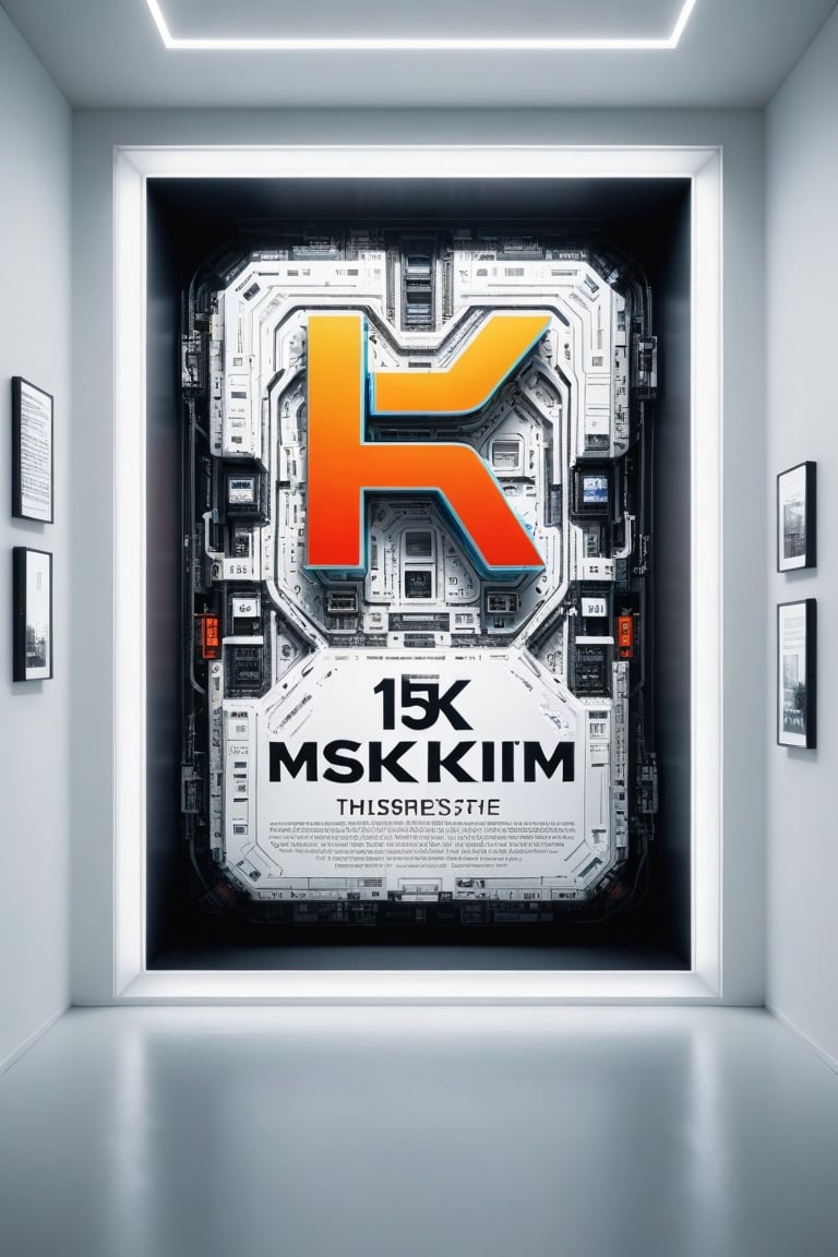 Front view of a futuristic museal artwork with the text "15K", displayed on the white wall inside a futuristic museum. Bright colors, surrealist, close shot. ,dvr-txt