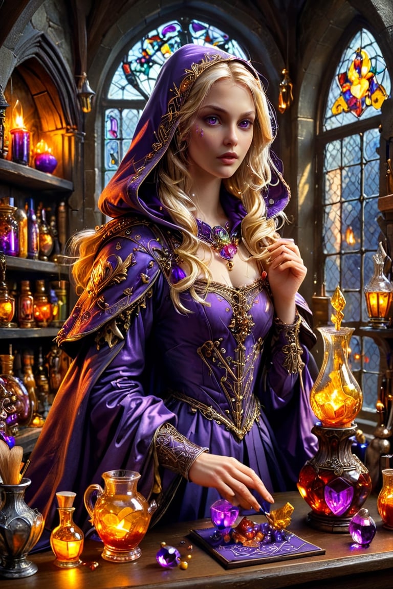 Photorealistic, Award Winning, Ultra Realistic, 8k, of a 25 years old good sweet girl preparing potions in her study. She has blonde hair and wears a medieval purple dress with hood and tippet, richly silver embroidered. Medieval atmosphere. On background we see one yellow and orange stained glasses window lighting an old castle room, (many bright colored potion ampoules:1.4) on the shelves. Masterpiece, ultra highly detailed, Dynamic Poses, Alluring, Amazing, Excellent, Detailed Face, Beautiful Symmetric Eyes, Heavenly, Very Refined, dark golden light,digital painting,crystalz,Decora_SWstyle